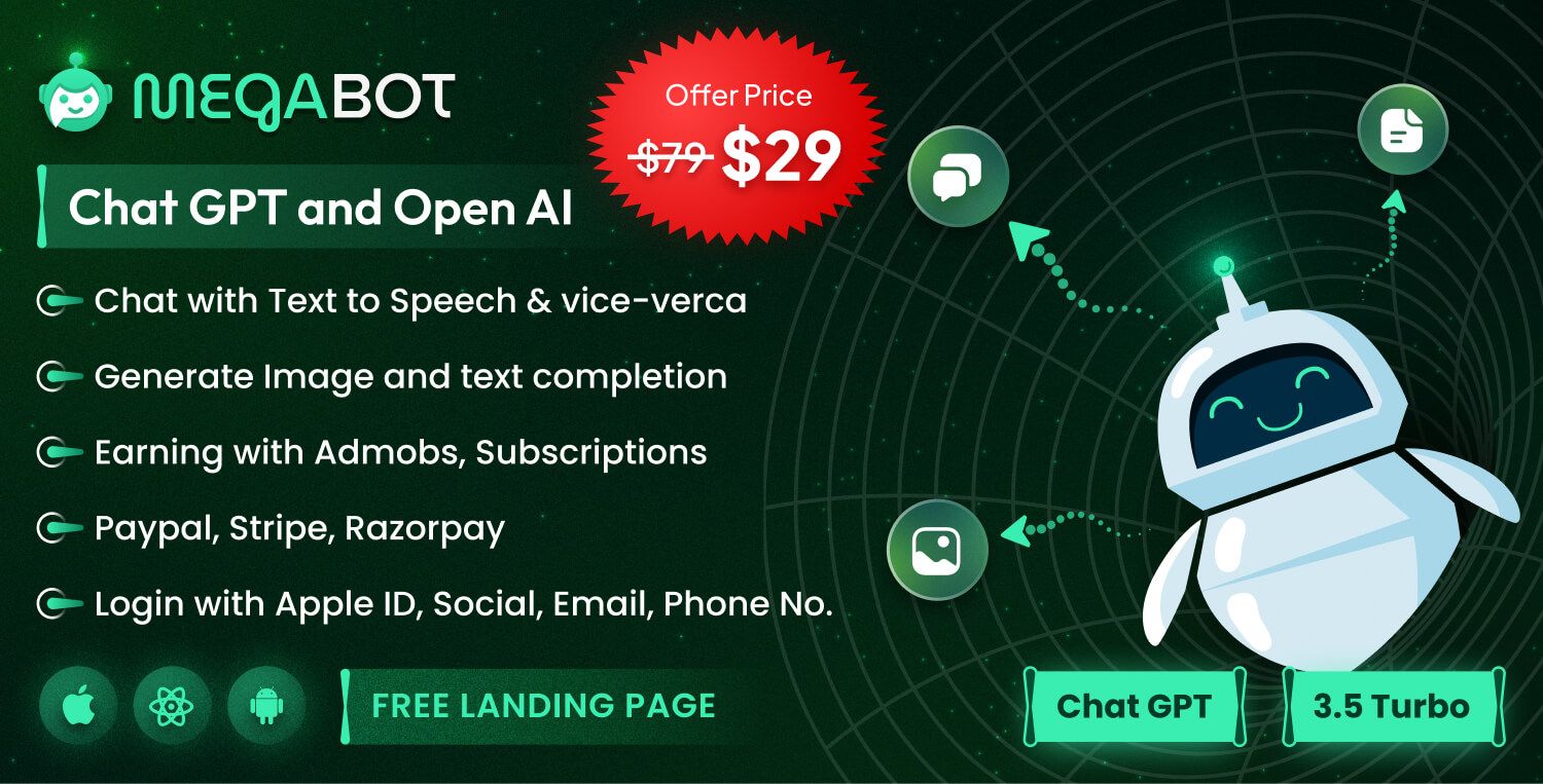 Megabot AI - React Native ChatGPT | Admob | Subscription Plan | Chat, Writing & Image Generator